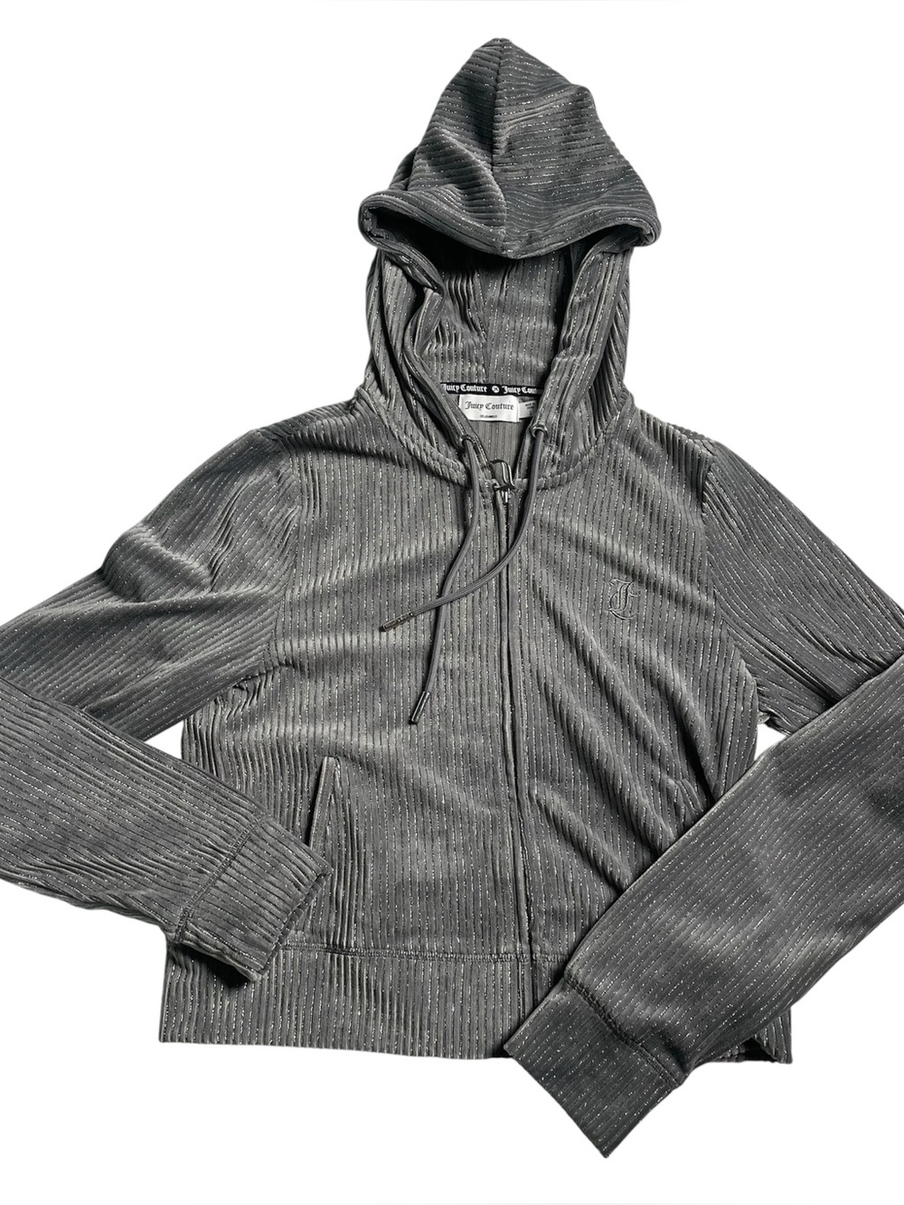 Juicy Couture Silver Ribbed Metallic Velour Zip-Up Hoodie – Size Large